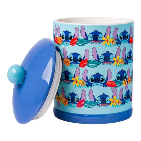 Disney Lilo & Stitch Aloha COOKIE JAR Large Canister & Lid Blue Silver Buffalo - Picture 2 of 8
